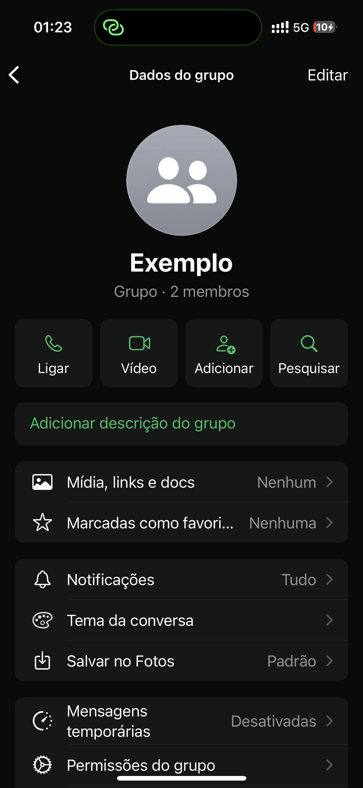 Abra as configurações do grupo ou contato